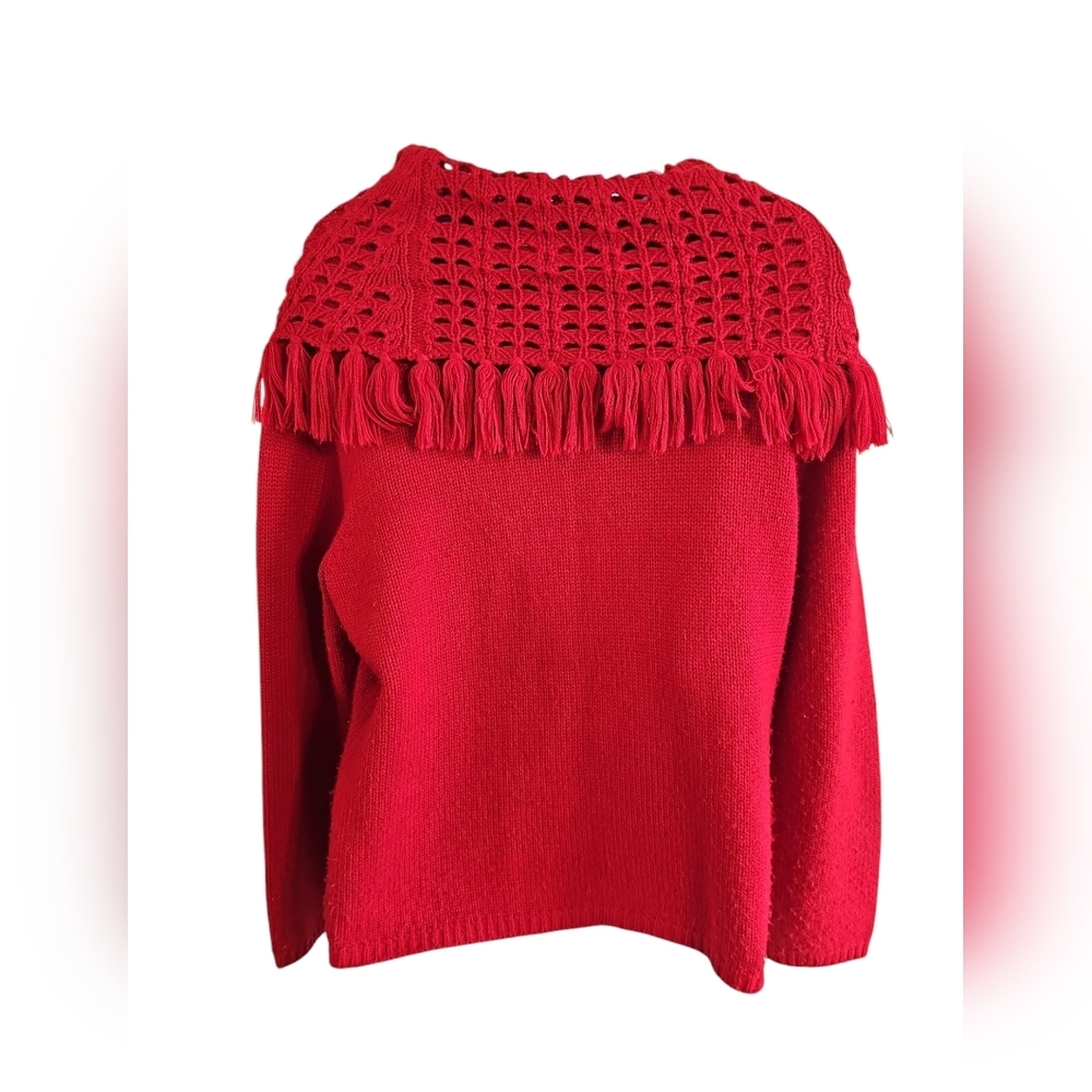 Norton McNaughton Medium Red Sweater Women’s Crochet Cowl Neck Fringe Y2K VTG - Picture 3 of 6